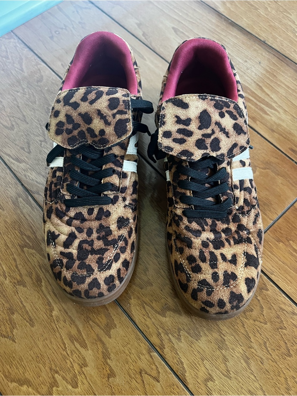 Steve Madden Leopard Print Sneakers with White Stripes and Maroon Lining